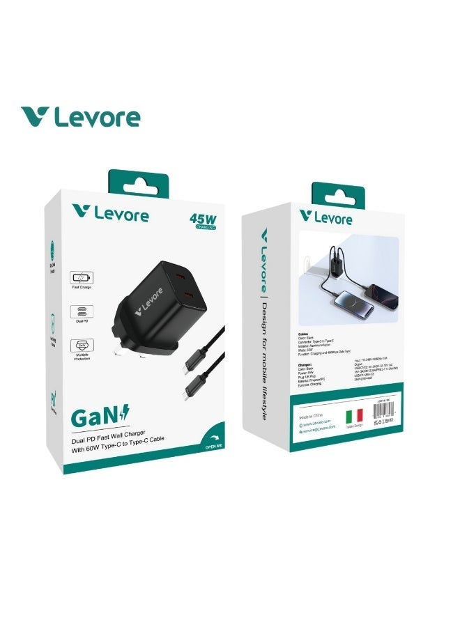 LEVORE 45w Dual PD GAN Wall Charger with C to C Cable - LGW141-BK - Image 2